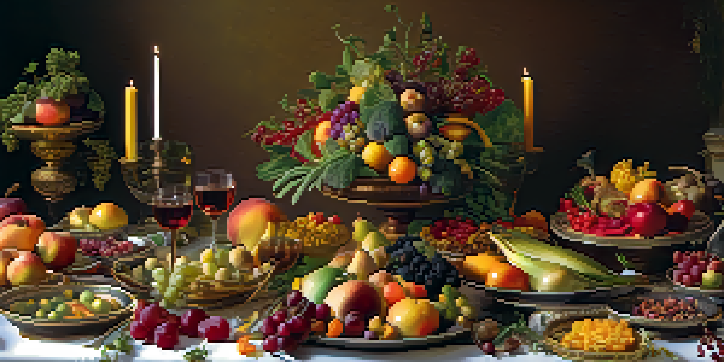 A table set for a Renaissance feast with an array of fruits, vegetables, and grains, illuminated by candlelight.