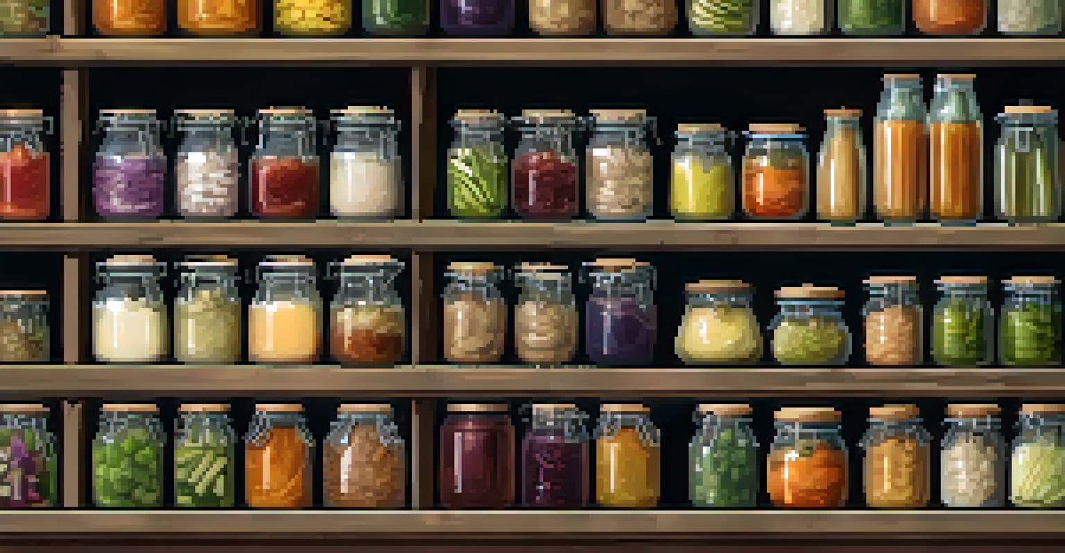 A pantry shelf filled with labeled glass jars of assorted fermented foods, including sauerkraut and pickles, set against rustic wooden shelves in warm lighting.