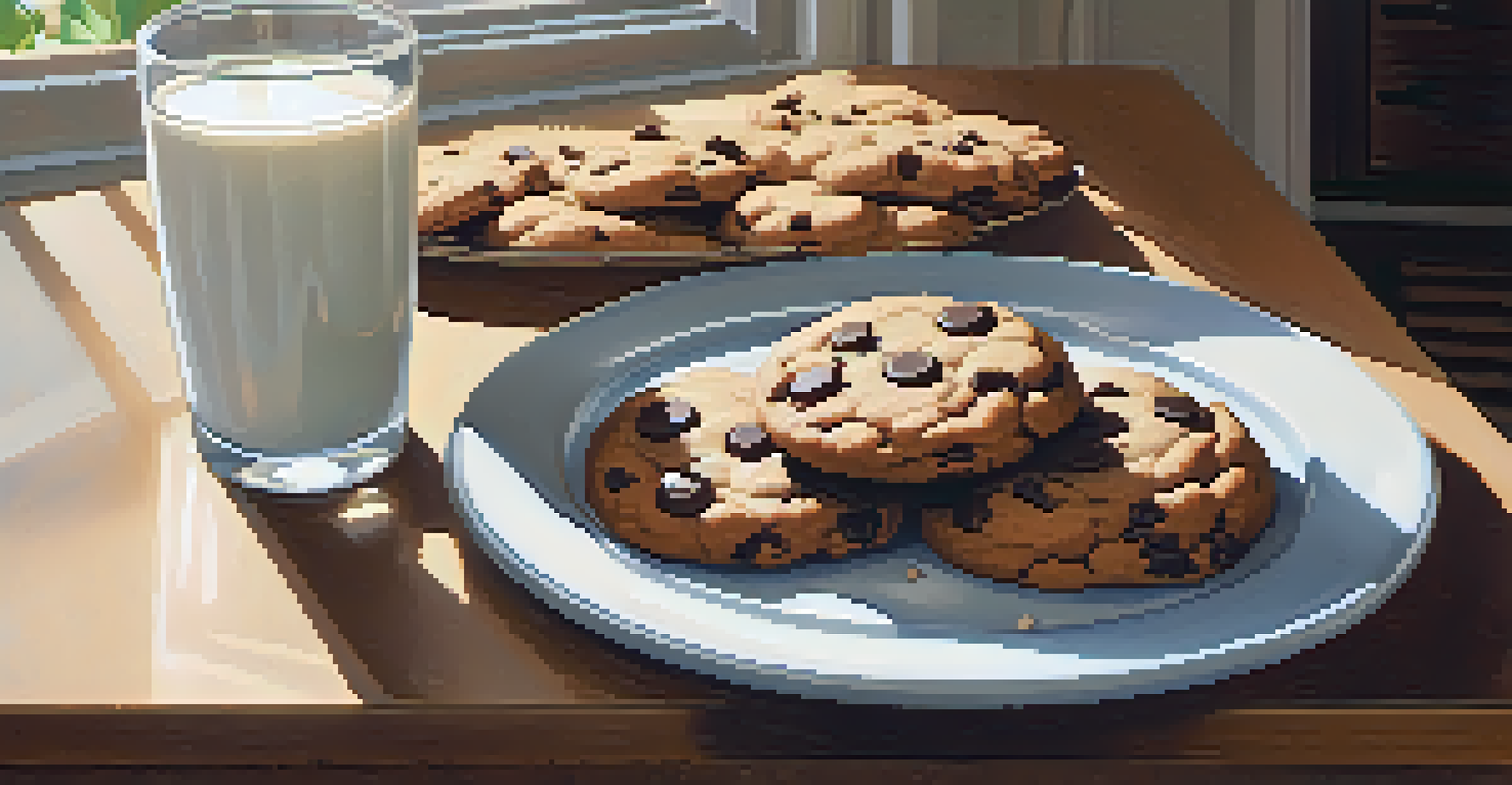 A plate of warm vegan chocolate chip cookies with melting chocolate chips, accompanied by a glass of almond milk in a cozy kitchen.