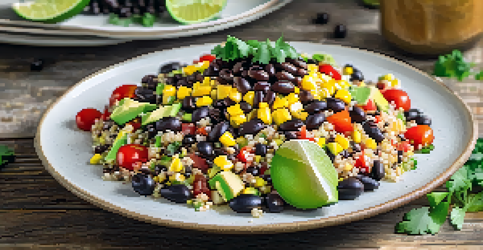 A colorful quinoa salad with black beans, corn, tomatoes, and avocado on a rustic table.