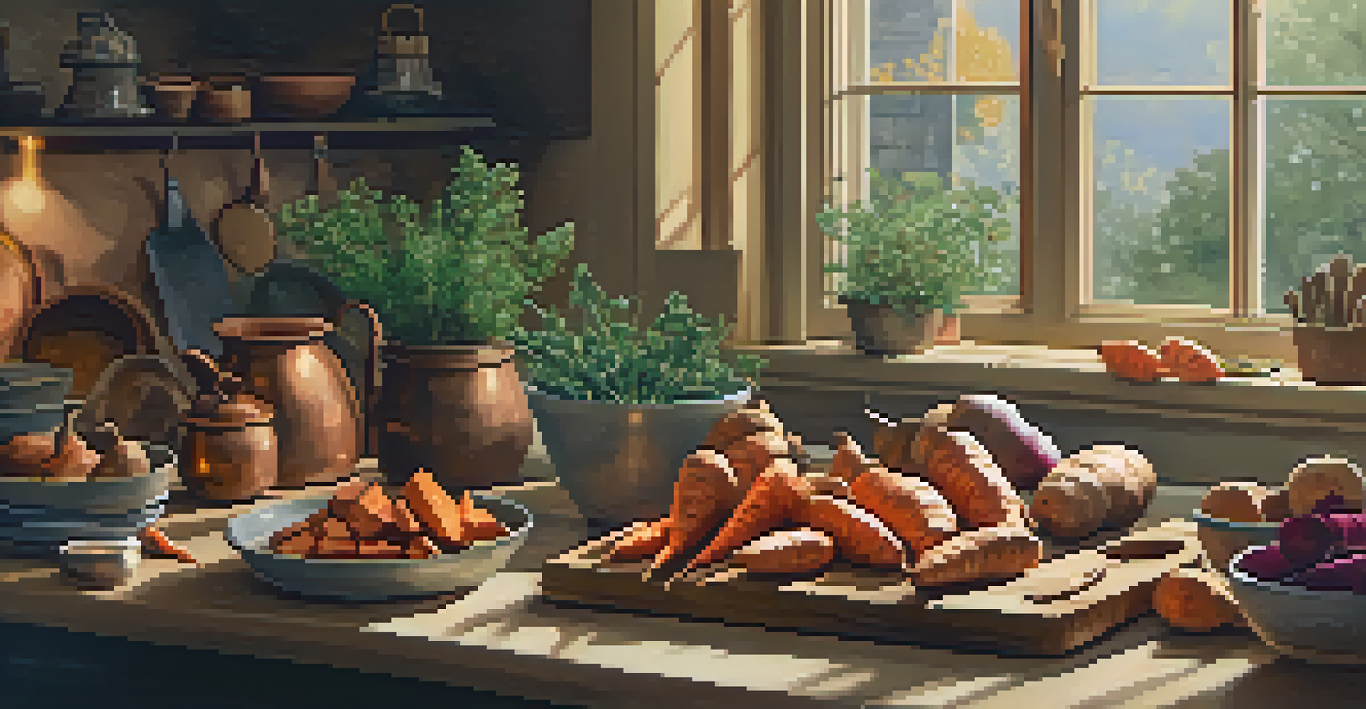 A cozy kitchen with a cutting board of roasted root vegetables like sweet potatoes and carrots, illuminated by warm light.