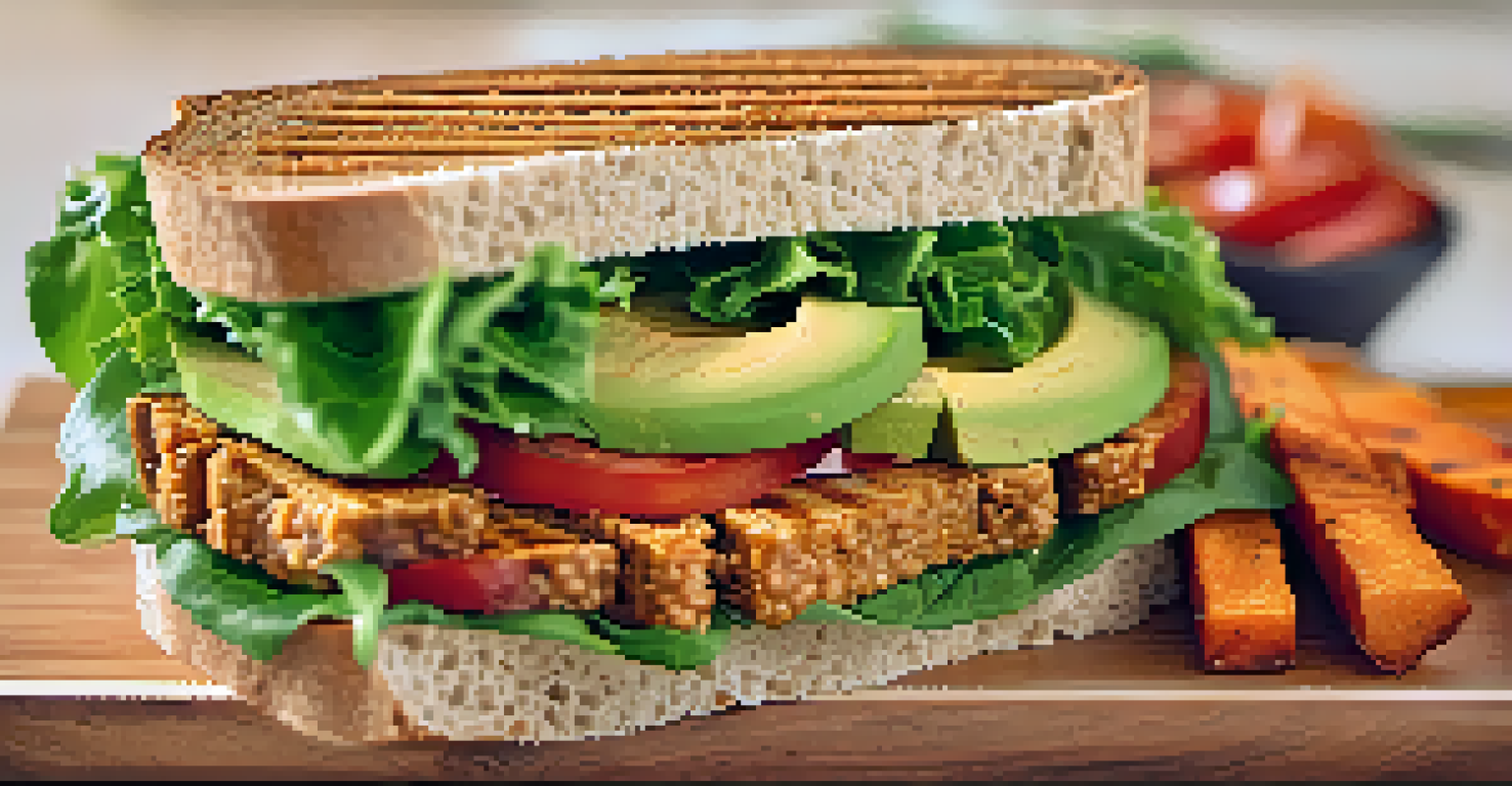 A delicious tempeh sandwich with avocado and vegetables, served with sweet potato fries on a wooden board.