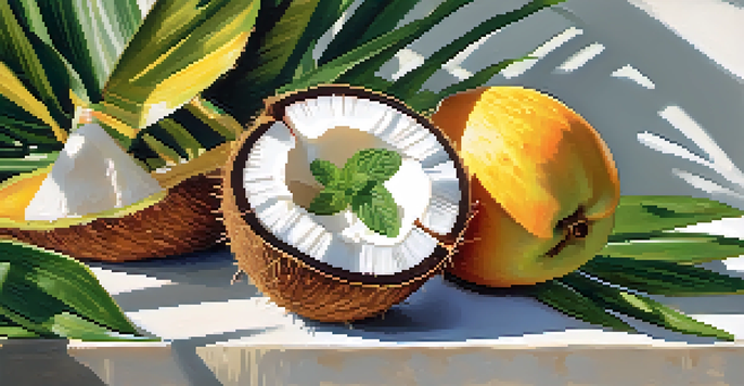 A bright still life with a bowl of coconut milk, fresh coconuts, mango, pineapple, and mint in natural sunlight.