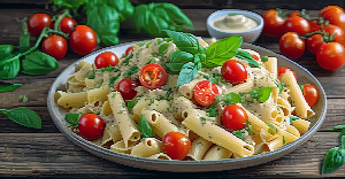 A colorful vegan pasta dish with creamy cashew sauce, garnished with fresh basil and nutritional yeast, on a rustic wooden table.