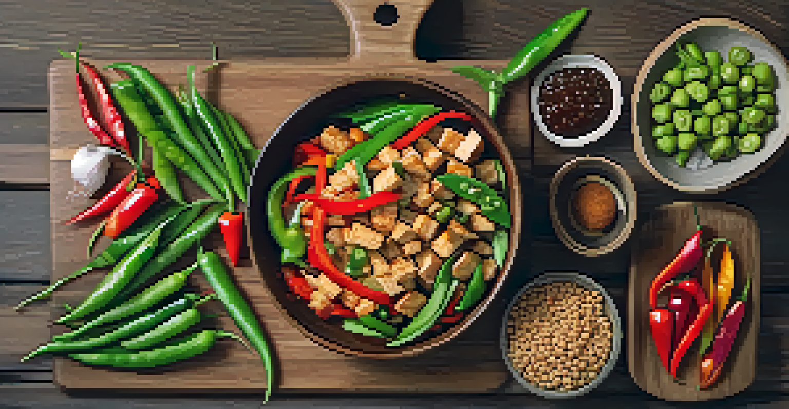 An overhead view of a preparation station for vegan stir-fry with colorful ingredients on a cutting board.
