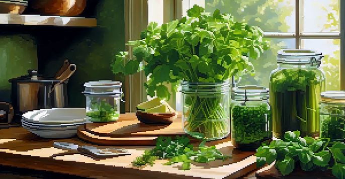 A bright kitchen filled with fresh herbs in jars, with sunlight streaming in and a wooden cutting board with chopped herbs in the foreground.