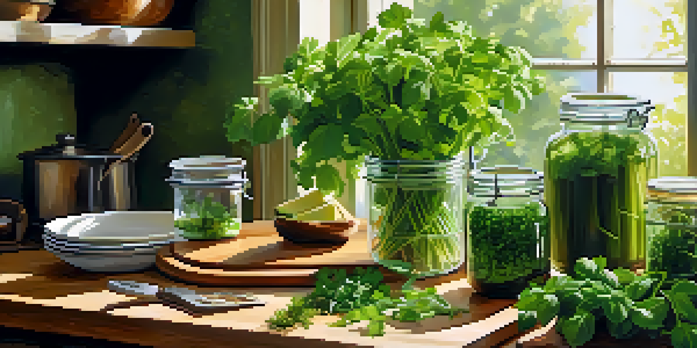 A bright kitchen filled with fresh herbs in jars, with sunlight streaming in and a wooden cutting board with chopped herbs in the foreground.