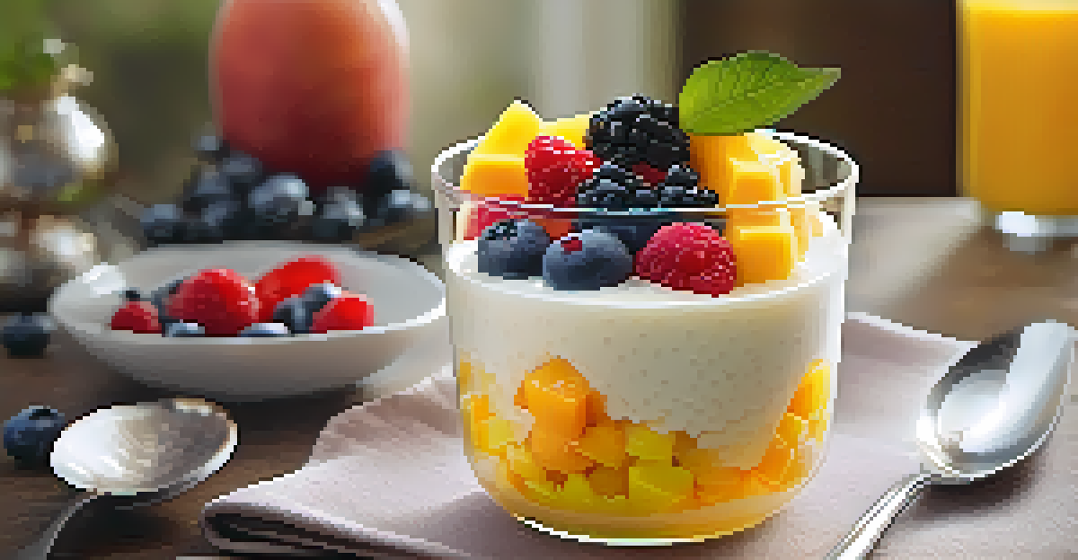 Glossy tapioca pudding topped with fresh fruits in a clear glass bowl on a bright kitchen countertop.