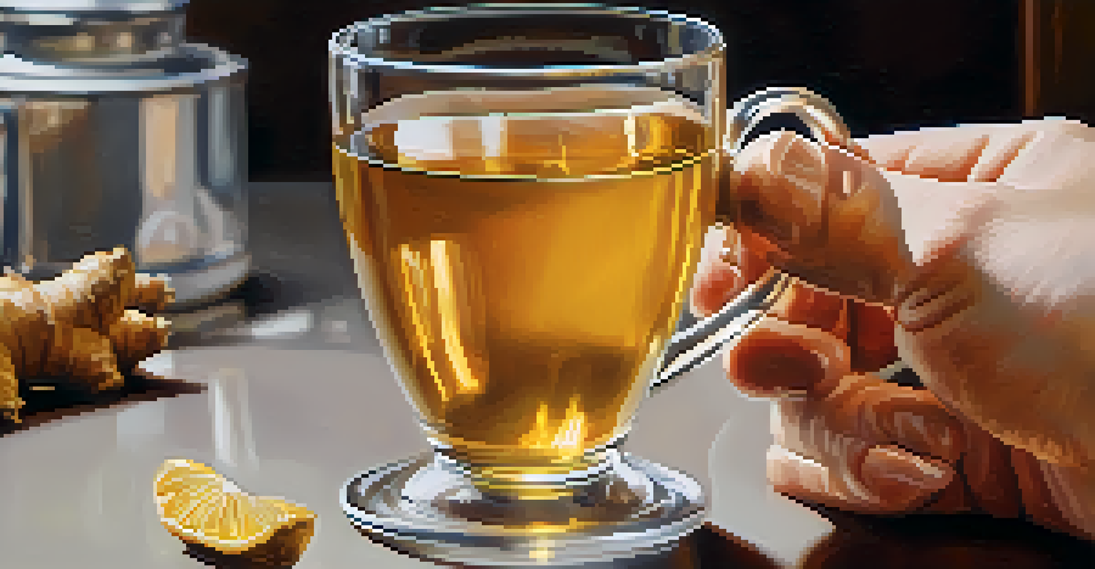 A close-up of a hand holding a glass mug of ginger tea with a blurred kitchen countertop in the background.