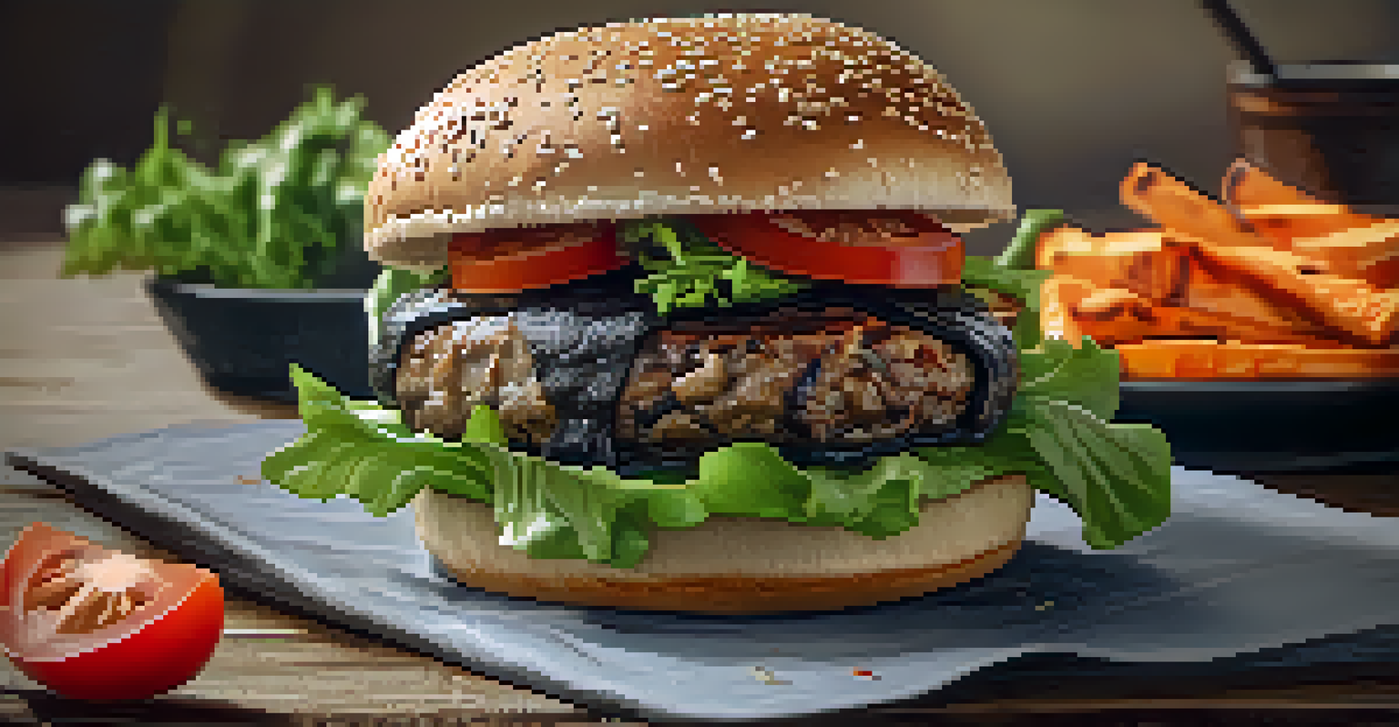 A close-up of a vegan mushroom burger with sweet potato fries on a plate.