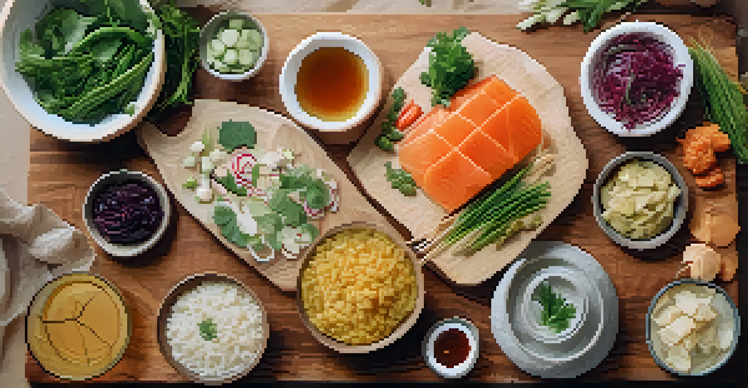 A flat lay of assorted fermented foods like miso paste, kombucha, and pickled vegetables on a wooden cutting board, with herbs for decoration.