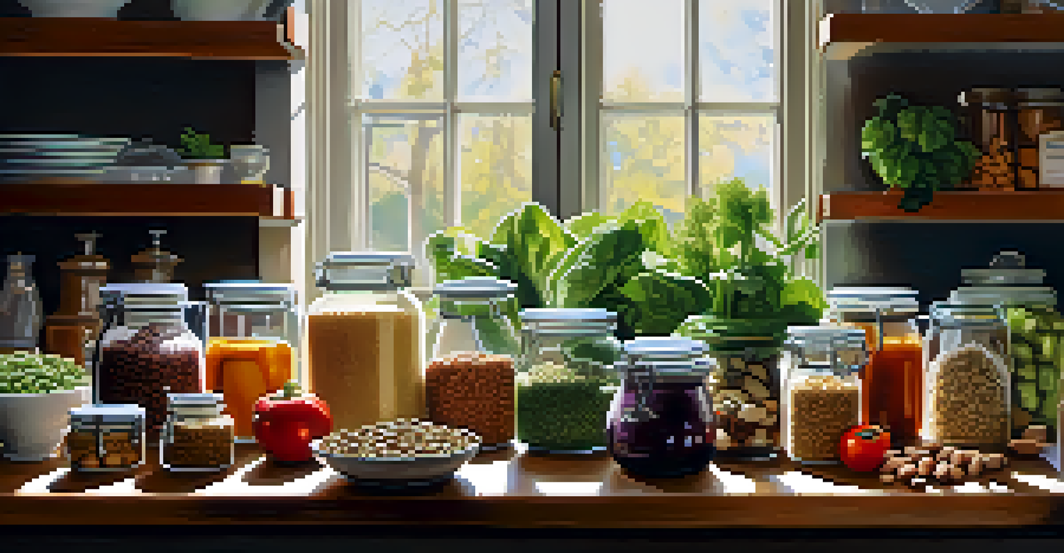 A kitchen countertop filled with jars of legumes, nuts, and seeds, and a cutting board with chopped vegetables, illuminated by sunlight.