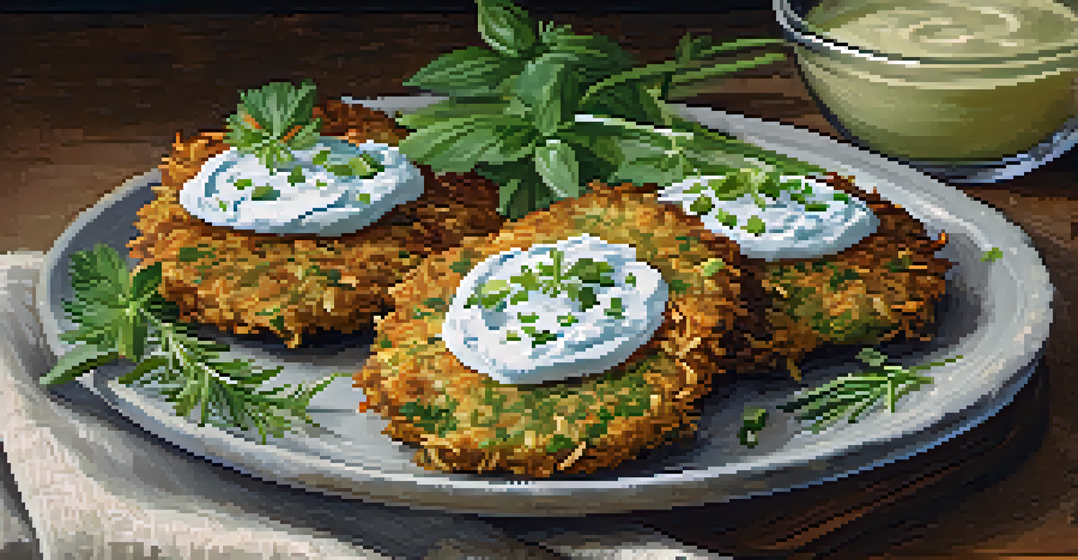 Golden-brown zucchini fritters served with tzatziki sauce on a textured cloth, highlighting Mediterranean flavors.