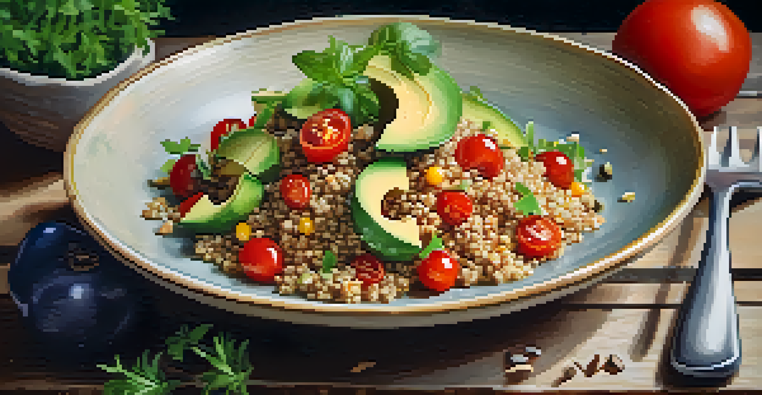 A close-up view of a quinoa salad with tomatoes, avocado, and herbs on a rustic plate, illuminated by warm lighting.