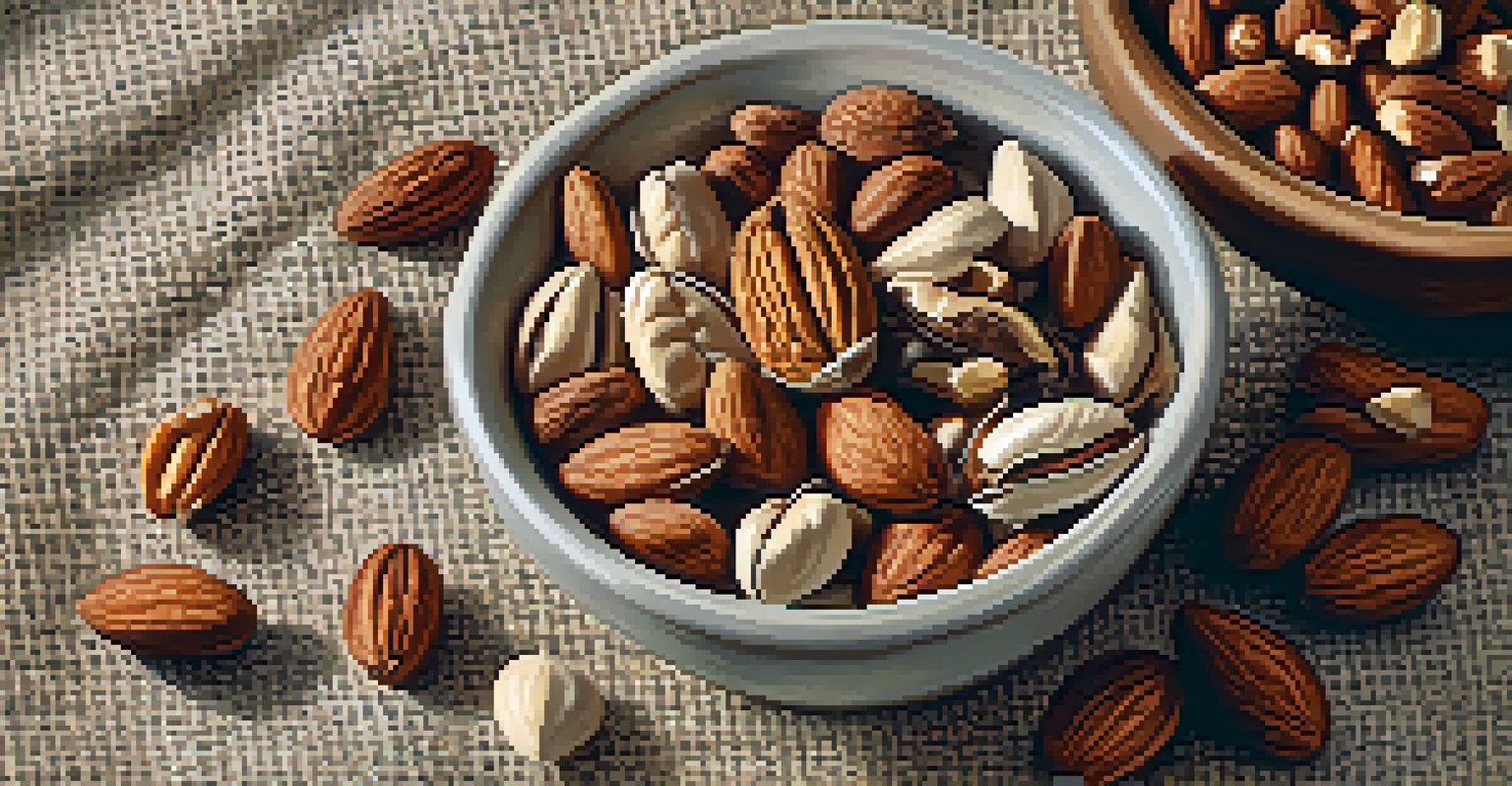 A bowl of mixed nuts and seeds on a fabric surface, illuminated by natural light, with scattered nuts around the bowl.