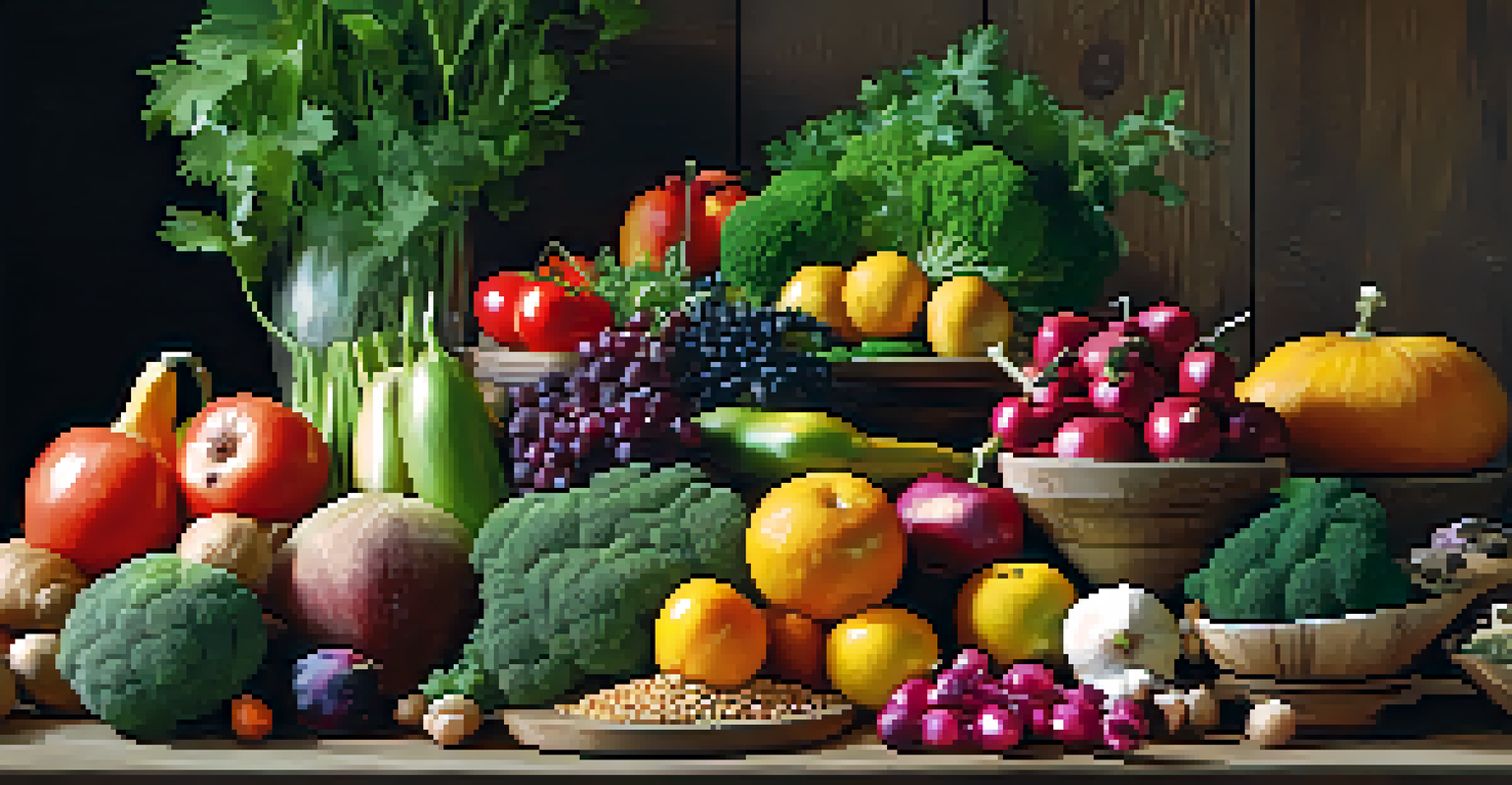 A colorful arrangement of plant-based foods on a rustic wooden table, showcasing fresh fruits, vegetables, and grains.