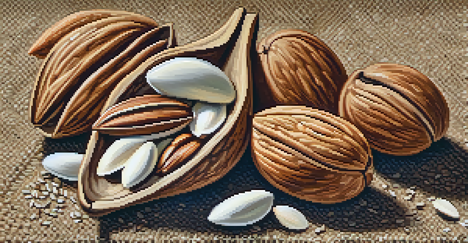 A close-up view of a spoonful of mixed nuts and seeds on a burlap background, showcasing their textures and colors.