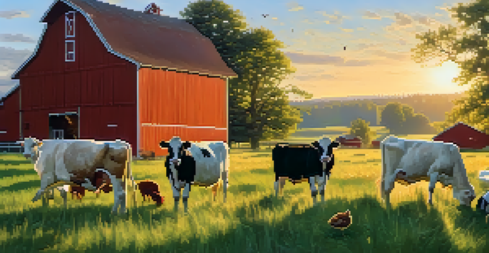 A peaceful farm scene with animals grazing in a green pasture during sunrise, featuring a barn in the background.