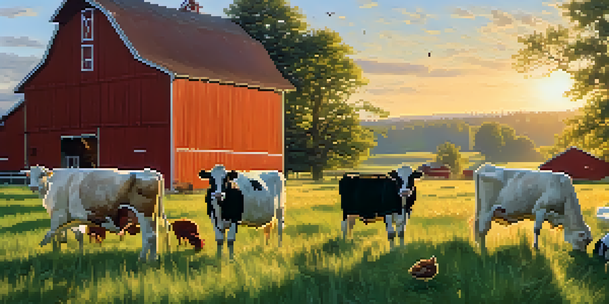 A peaceful farm scene with animals grazing in a green pasture during sunrise, featuring a barn in the background.