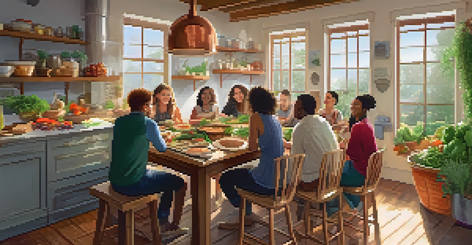 A group of friends cooking together in a cozy kitchen, surrounded by fresh vegan ingredients.