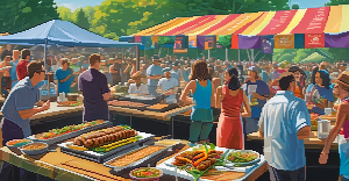 A chef grilling smoky jackfruit burgers and colorful vegetable skewers at a Vegan BBQ Championship, with spectators in the background and banners in a sunny outdoor setting.