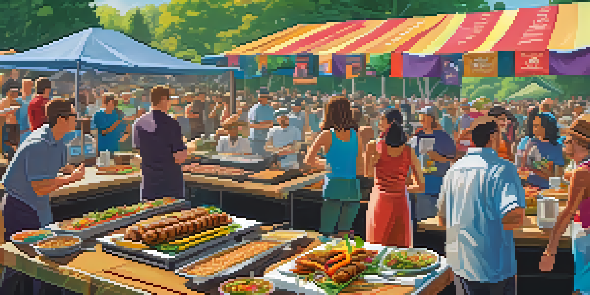A chef grilling smoky jackfruit burgers and colorful vegetable skewers at a Vegan BBQ Championship, with spectators in the background and banners in a sunny outdoor setting.