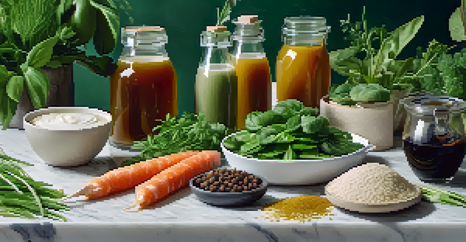 An artistic display of plant-based probiotic sources like kombucha, tempeh, and miso paste on a marble countertop with green leaves.