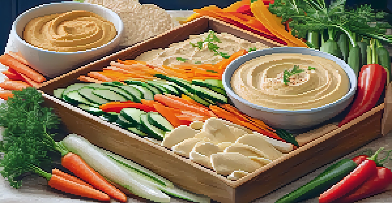 A vibrant platter of vegan hummus with fresh vegetables and pita bread, arranged invitingly.
