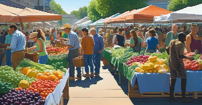A lively farmer's market with diverse individuals buying and selling fresh fruits and vegetables under warm sunlight.