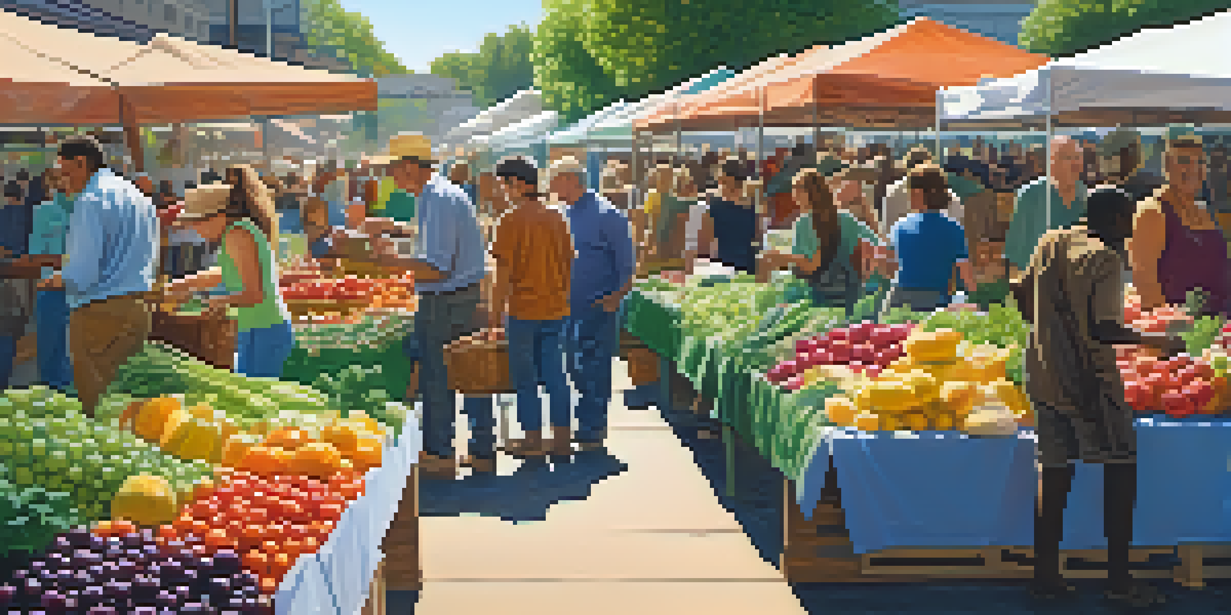 A lively farmer's market with diverse individuals buying and selling fresh fruits and vegetables under warm sunlight.