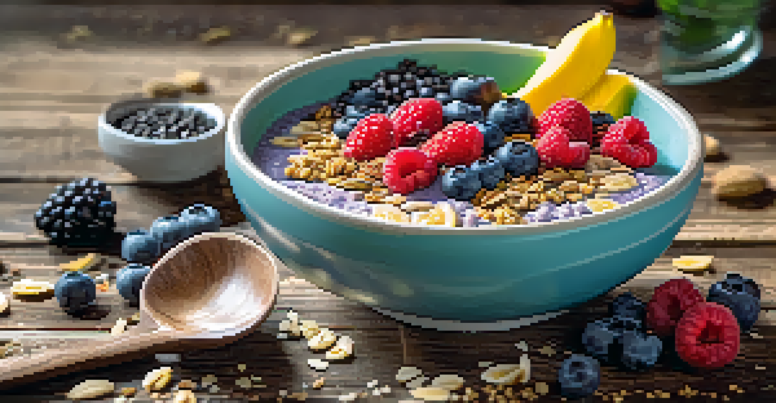 A colorful smoothie bowl with hemp seeds, fresh fruits, and granola on a wooden table.