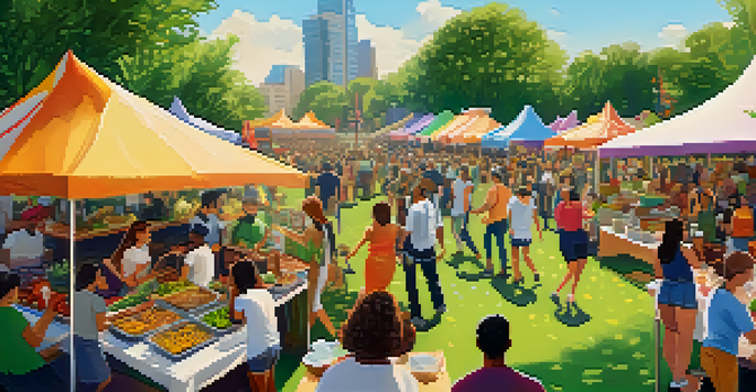 A lively vegan food festival in a sunny park with diverse people enjoying plant-based dishes and cooking demonstrations.