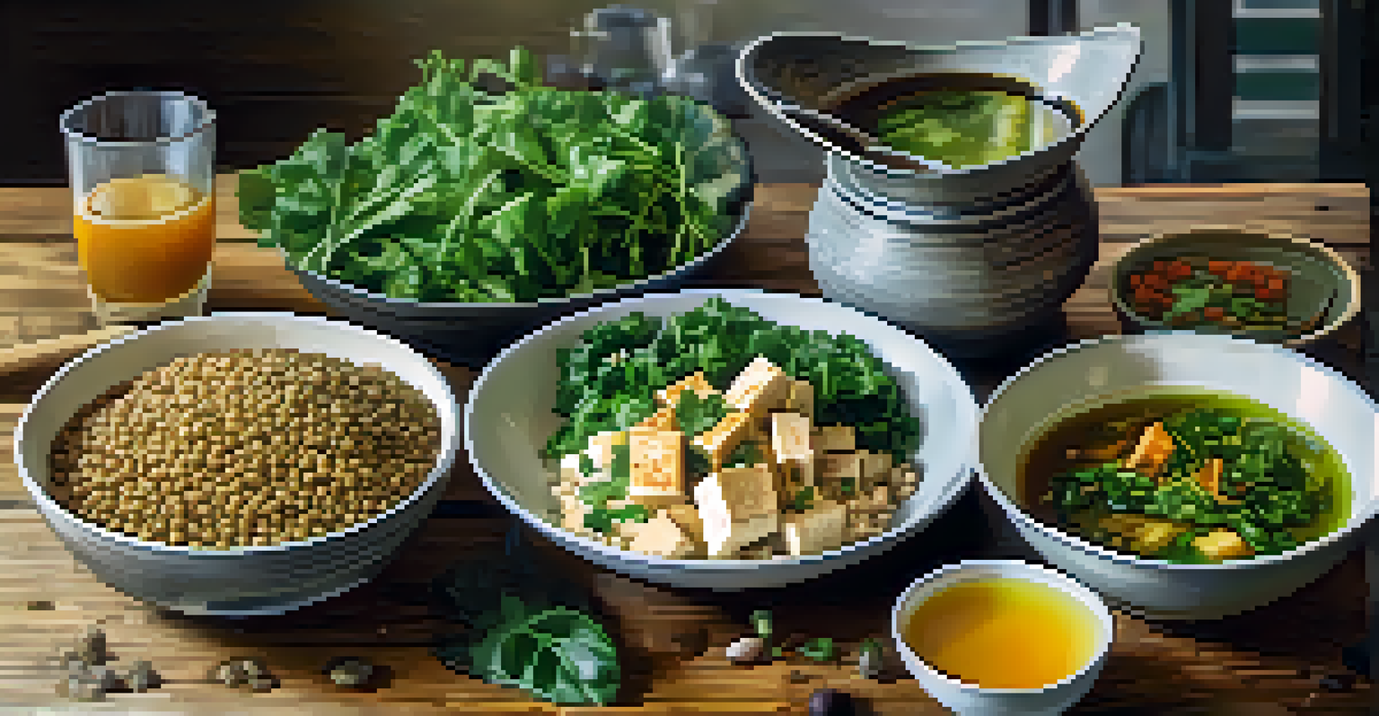 A rustic wooden table with bowls of tofu, lentils, leafy greens, and a glass of green tea, set in a warm, inviting kitchen with natural light.