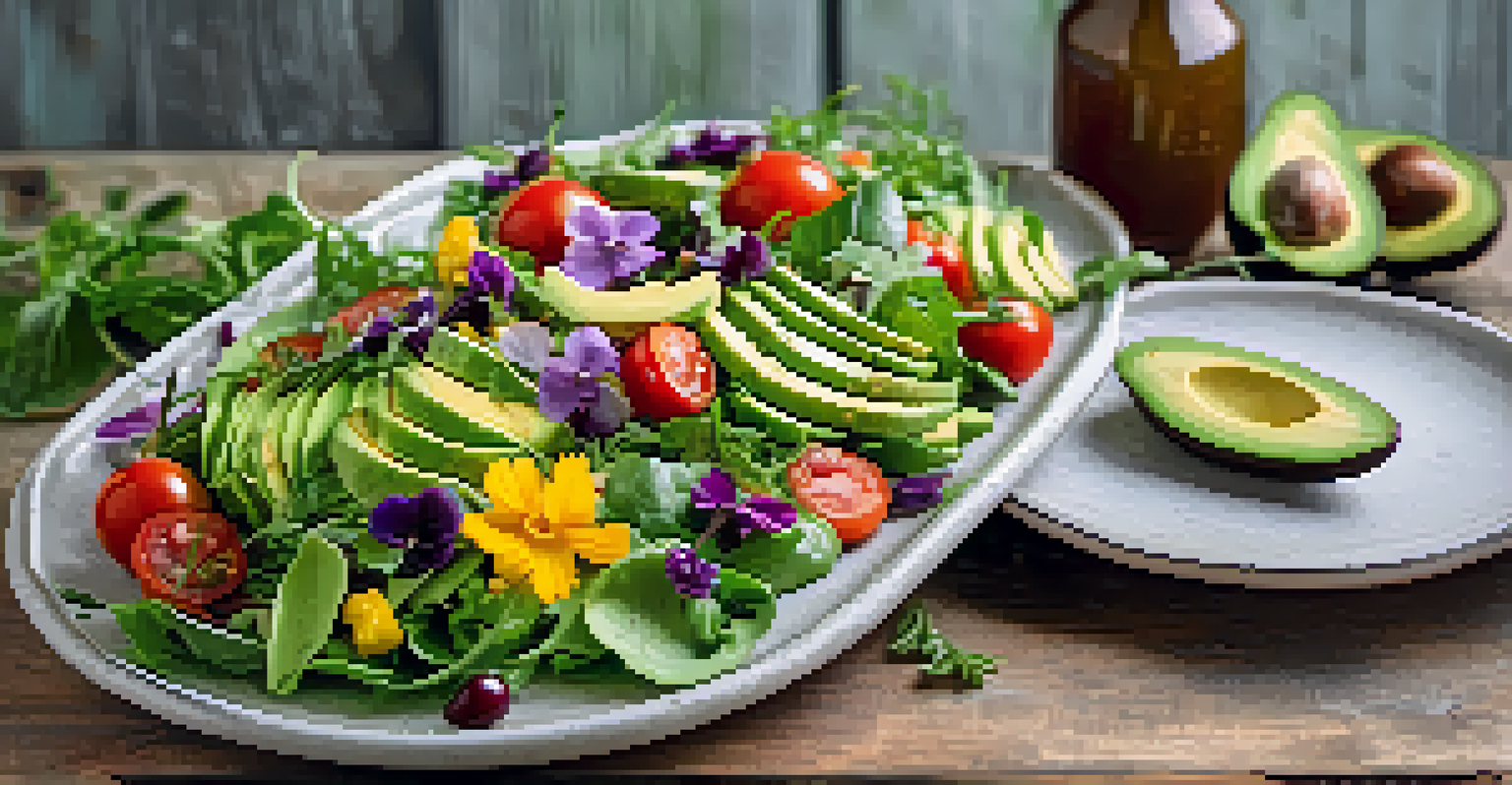 An artistic display of a seasonal vegan salad with fresh greens, tomatoes, and avocados on a wooden table.