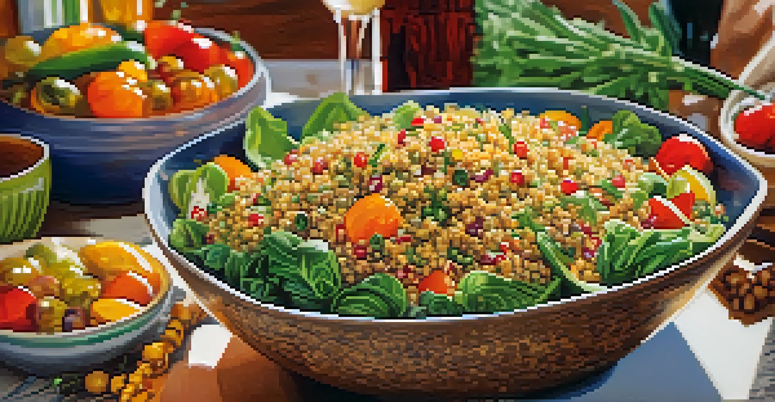 A close-up of a vibrant quinoa salad in a rustic bowl, with a festive potluck scene in the background.