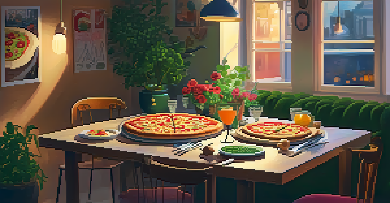 A cozy dining table set for a vegan pizza night, with colorful pizzas and warm ambient lighting.