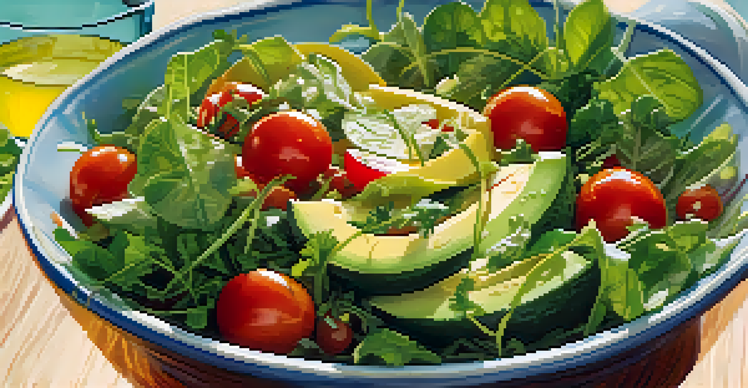 A close-up view of a salad bowl filled with greens, cherry tomatoes, cucumbers, and avocado, topped with vinaigrette dressing.