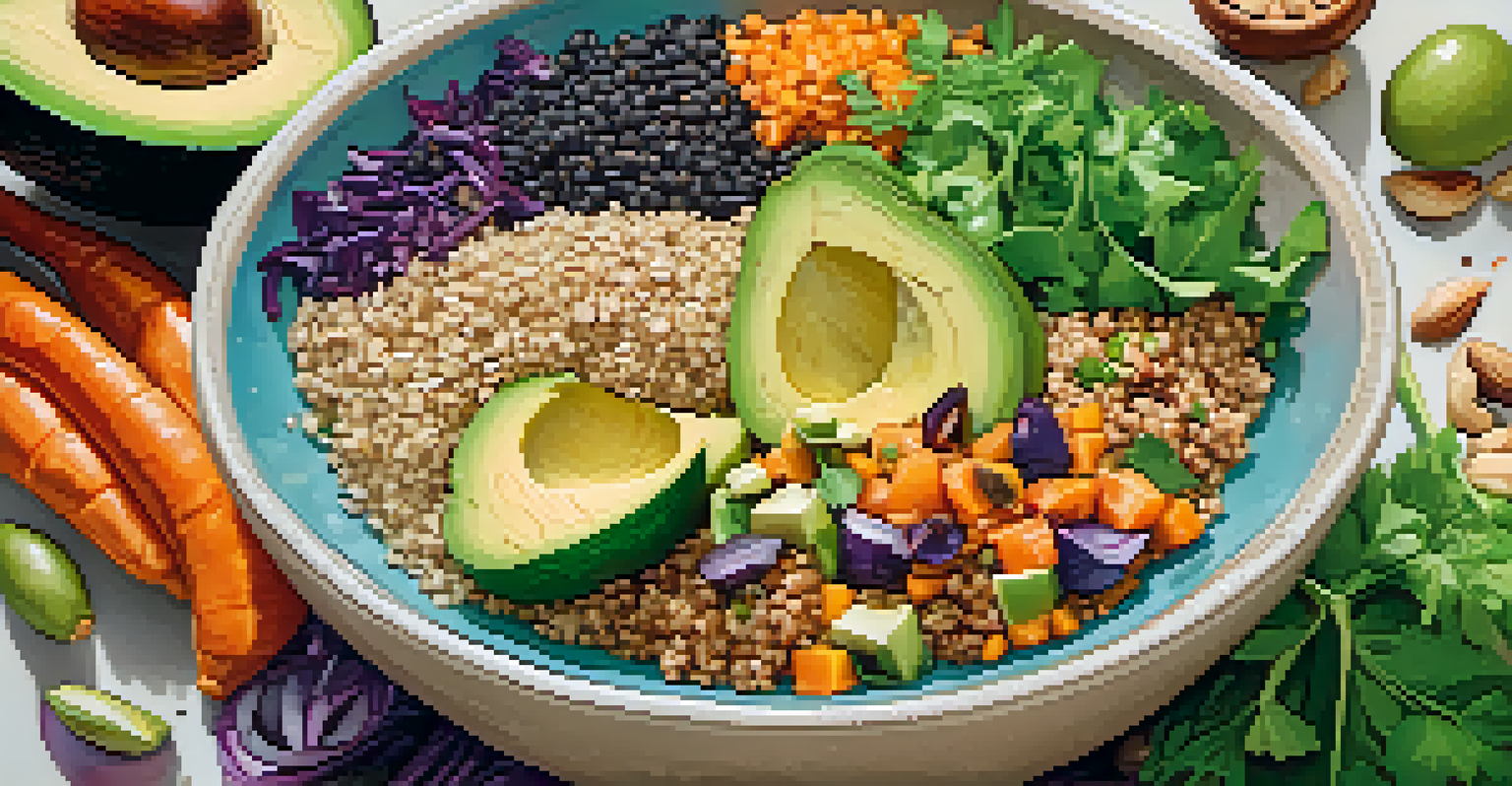 A vibrant vegan bowl filled with quinoa, avocado, roasted sea vegetables, and toasted nuts and seeds against a light background.
