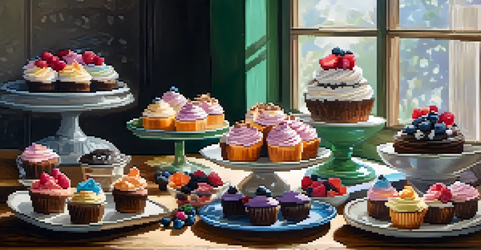 An assortment of vegan baked goods, including colorful cupcakes, a chocolate cake with berries, and coconut-flaked cookies on a rustic wooden table.