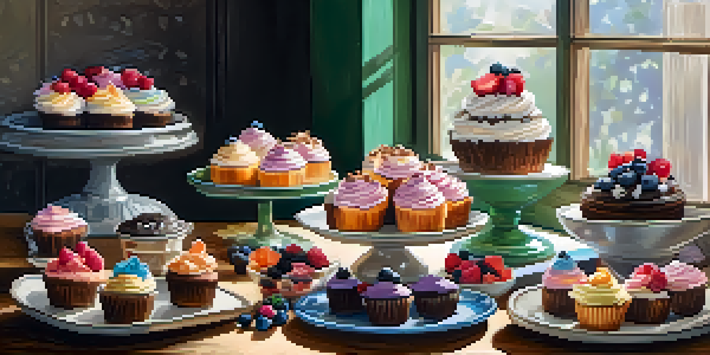 An assortment of vegan baked goods, including colorful cupcakes, a chocolate cake with berries, and coconut-flaked cookies on a rustic wooden table.