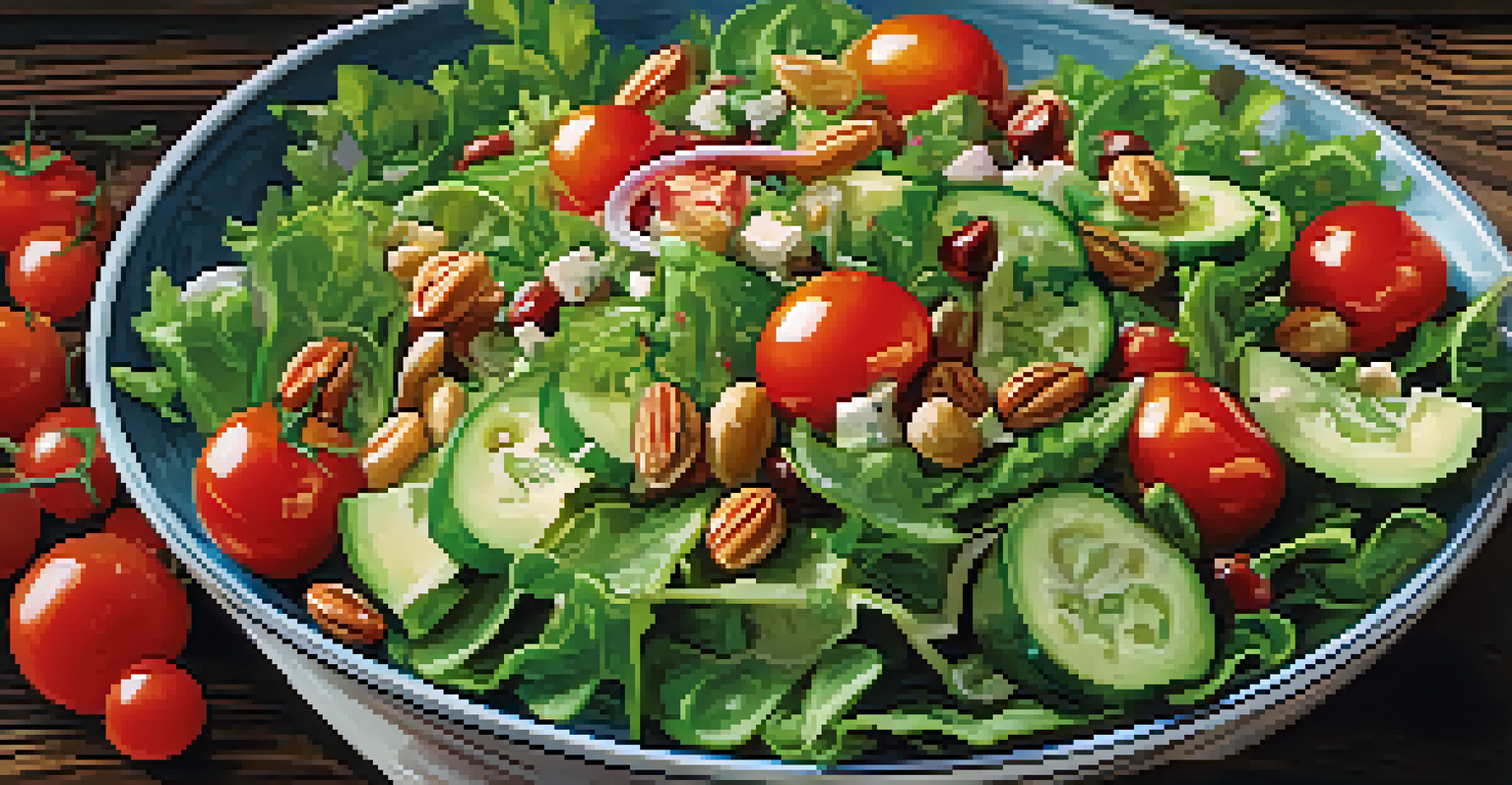 A close-up of a colorful vegan salad bowl with mixed greens, cherry tomatoes, cucumbers, nuts, and seeds, set on a rustic wooden table.