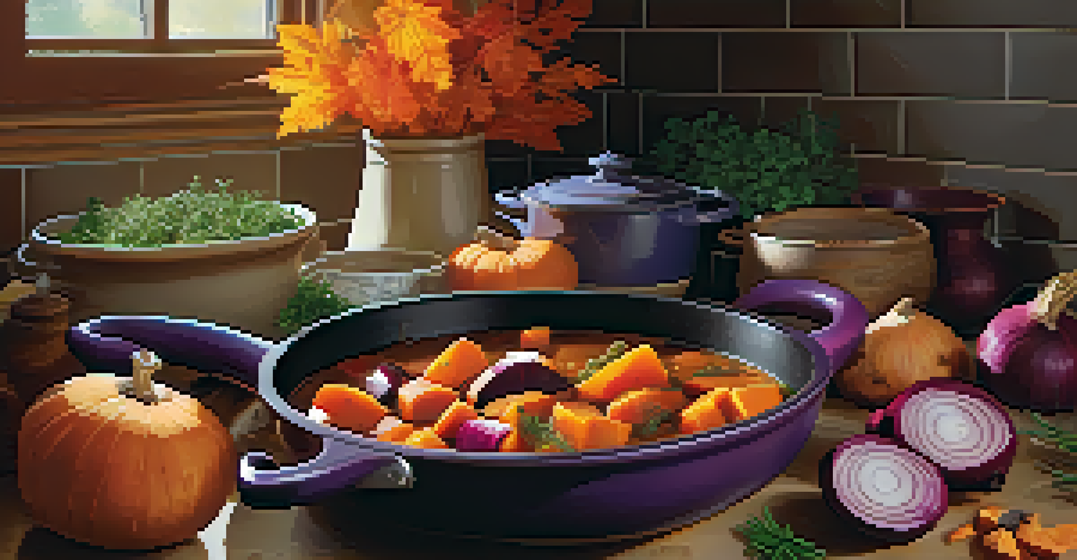 A cozy kitchen with a pot of root vegetable stew surrounded by fresh herbs and autumn leaves.