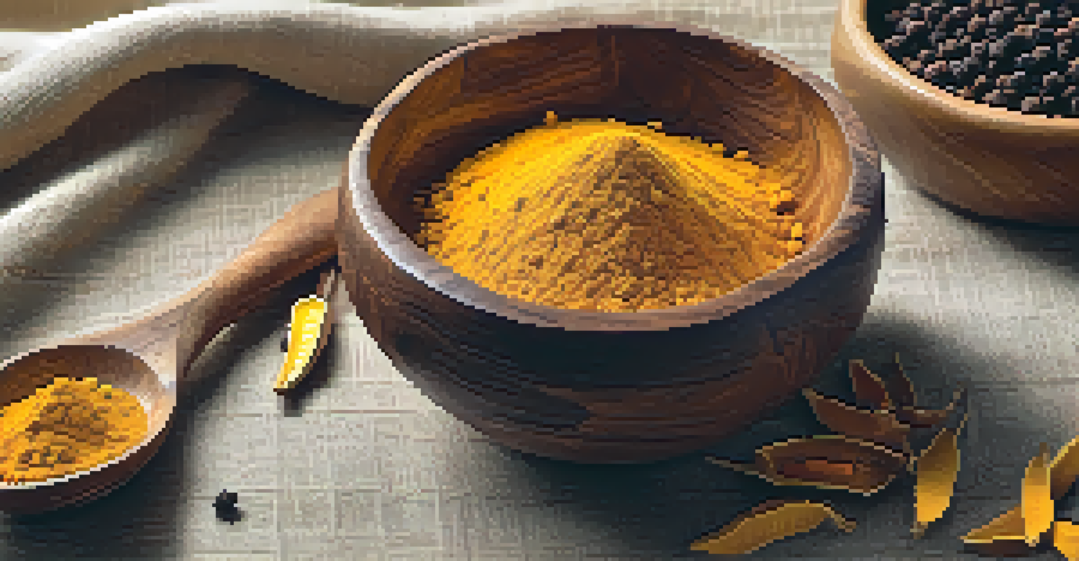 A close-up of a wooden bowl of turmeric powder with fresh roots and black peppercorns on a linen cloth, illuminated by soft natural light.