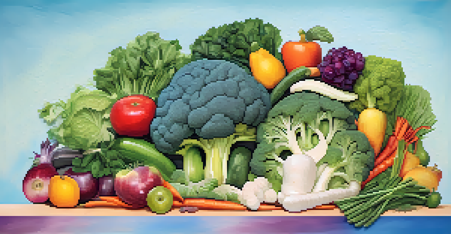 An artistic illustration of the gut-brain connection, showing a brain made of fruits and vegetables with a colorful background.