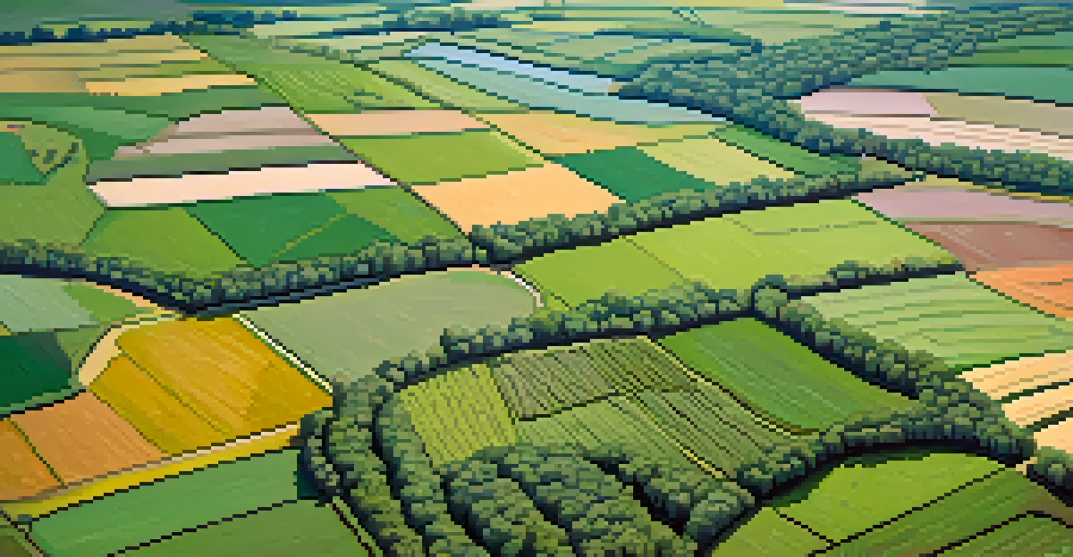 An aerial view of a green agricultural landscape with a patchwork of colorful fields and a winding river in the background.