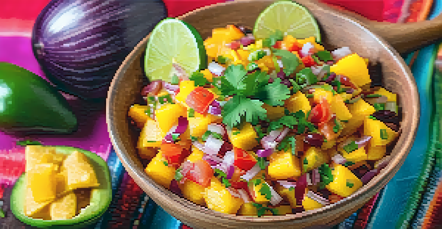 A bowl of colorful mango salsa with diced ingredients surrounded by tortilla chips on a vibrant tablecloth.