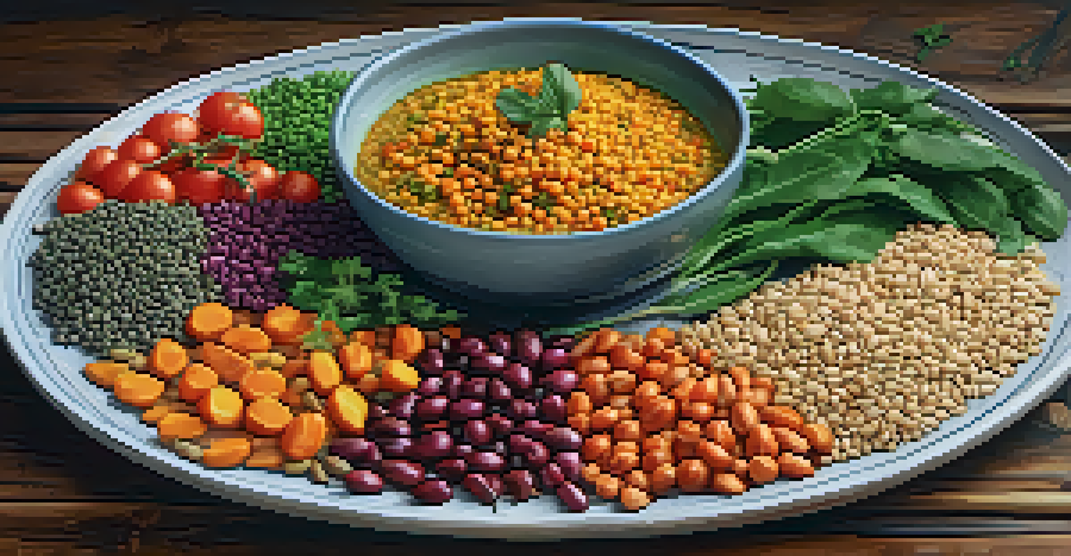 A plate of colorful traditional plant-based dishes from various cultures on a rustic wooden table.