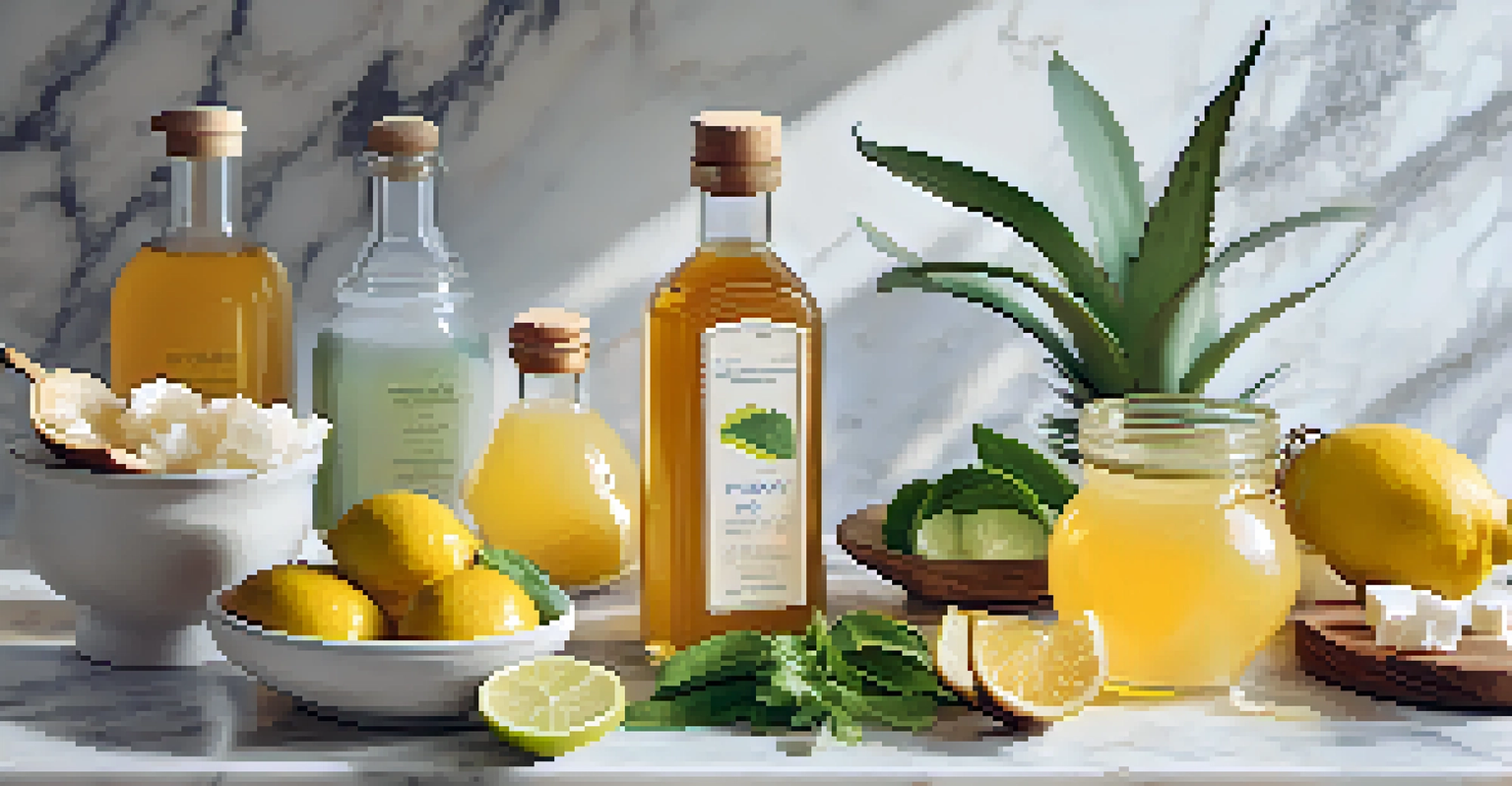 A colorful arrangement of vegan honey alternatives like agave and coconut nectar on a marble countertop with fruits and herbs.