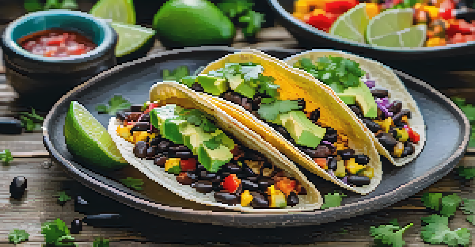 A close-up of a vegan taco filled with black beans and roasted veggies, garnished with avocado and cilantro.