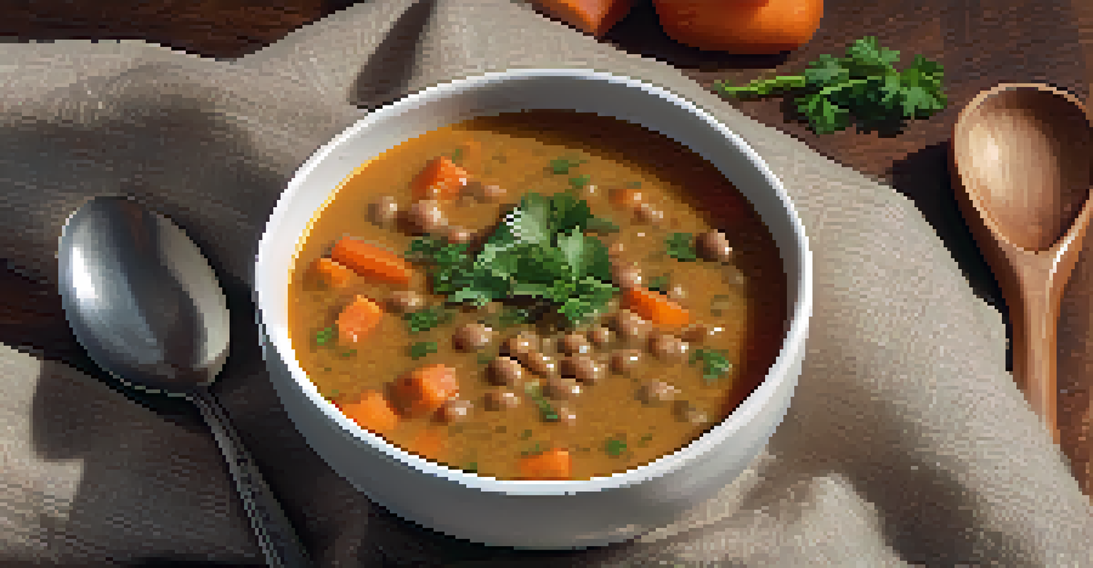 A close-up of a bowl of lentil soup garnished with parsley, accompanied by a wooden spoon on a linen surface.